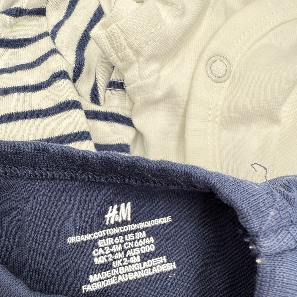 H&M 3 pack Wrapover Organic Bodysuits Baby White Dark Blue Stripes - Picture 8 of 12